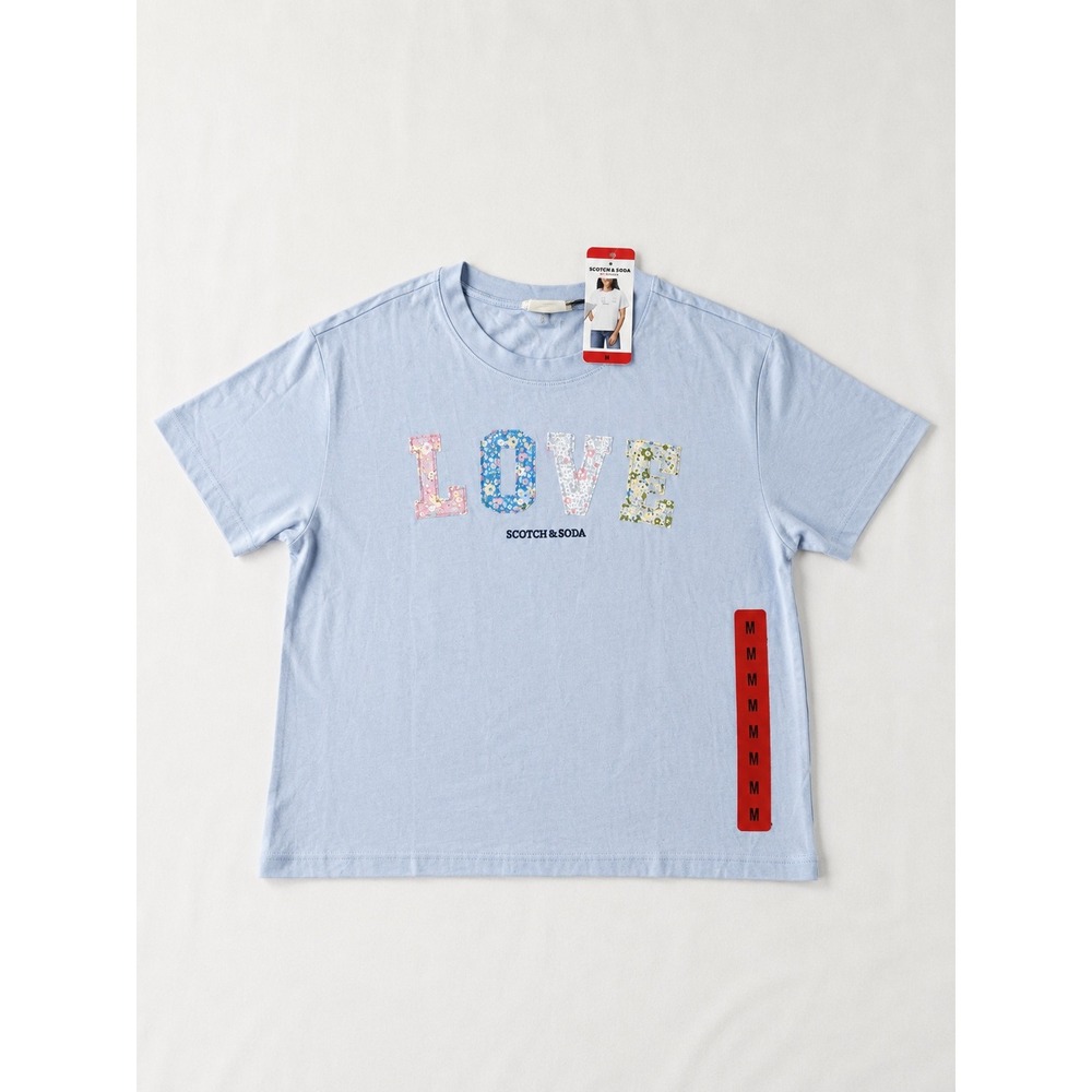 Scotch & Soda Womens Love Floral Graphic T-Shirt Light Blue Crew Neck Size M NWT